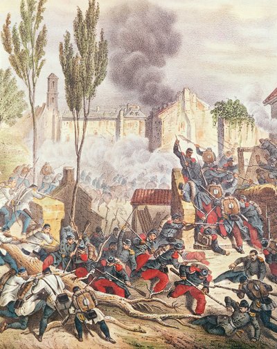 I piemontesi e i francesi alla battaglia di Magenta nel 1859 (incisione a colori) da Italian School